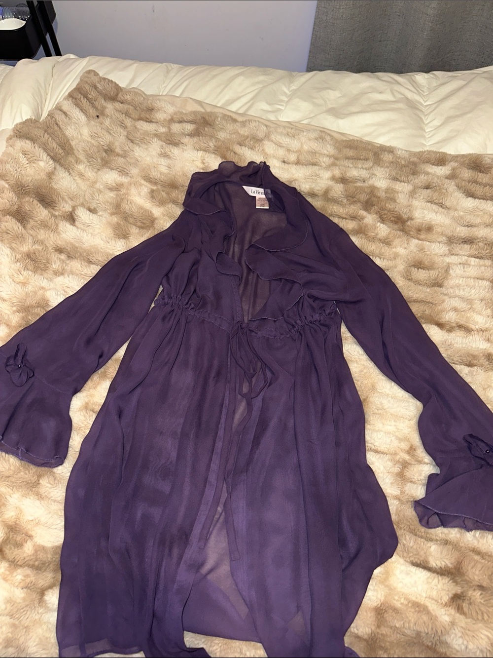 Vintage La Vie En Rose Sheer Ruffled Tie-Waist Robe - Purple